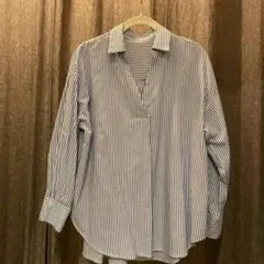 VIS ブルー　ストライプ　スキッパーシャツ　Lサイズ