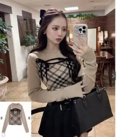 チェック柄フロントオープンリボンニットトップス[ru1374]