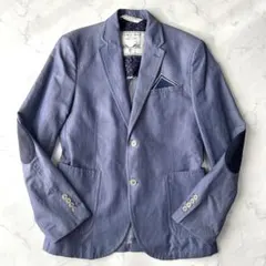 ZARA テーラードジャケット　デニム　花柄　エルボーパッチ　麻　ロゴボタン　L