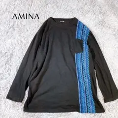 AMINA アミナ 黒×青 民族柄ライン ロングスリーブTシャツ