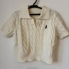 アイボリー ケーブルニット 半袖ポロシャツ