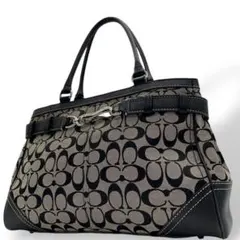コーチ　ハンドバッグ　黒　シグネチャー　ベルトデザイン　キャンバス　s26
