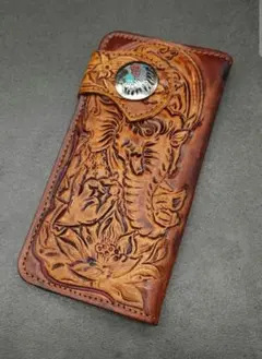 バイカーズウォレット 本革 牛革 カービング ガネーシャ 唐草 財布 レザー