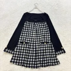 デュラス【F】黒系 切替チェック Aライン 長袖ミニワンピース ストレッチ 春のサムネイル
