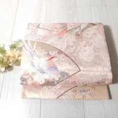 袋帯 ピンク地 シルバー 扇 鳥 華やか 可憐 着物に リメイクに OBI