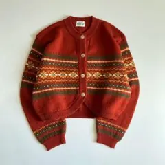90s vintage ノルディック柄 ニットカーディガン レトロ レッド