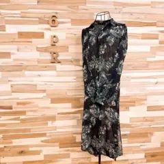 【ザラ】透け感シアー 花柄 ロング シャツ ワンピース 羽織り XS 黒×緑