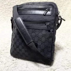 【美品】GUCCI ショルダーバッグ　サコッシュ　レザー　キャンバス　GG 黒