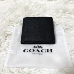 美品 COACH コーチ クロスグレイン 二つ折り財布 黒 メンズ レザー