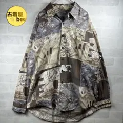 総柄シャツ 長袖 アート柄 レトロ 古着 メンズL ビッグシルエット レーヨン