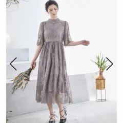 ハイネックレース5分袖ドレス グレージュサイズM
