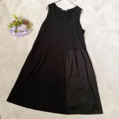 極美品 オンフルール 異素材切替ノースリーブワンピース 綿100% 日本製 黒のサムネイル