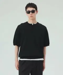 BEAMS HEART ヘンリーネック ニット 半袖 ブラック Mのサムネイル