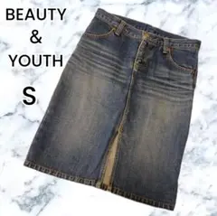 ビューティアンドユース ネイビー 膝下 フロントスリット デニムタイトスカートS