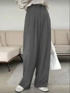 ダークグレー ハイウエスト ワイドパンツ