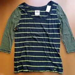 Hollister ネイビー/グリーンストライプ 七分袖 Tシャツ L