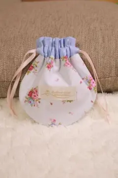 花柄 まんまる巾着 水色 小物入れ ハンドメイド