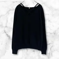 Vネックセーター　長袖ニット　ウール100% シンプル　無地　ブラック　S〜M