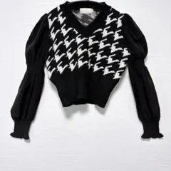 Cheri mi 千鳥格子 パフスリーブ ニットトップス Fサイズ ブラック 白