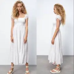 美品✨ZARA カットワーク刺繍ワンピース オフホワイト ロングワンピースのサムネイル