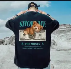 お札クマ　Tシャツ　半袖 黒 大きいサイズ オーバー　バックプリント　ストリート