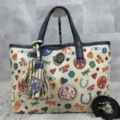 美品 トリーバーチ PVC 2WAY ショルダーバッグ ファスナー ネイビー