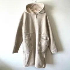 【シュリーブ】　ロングコート　フェイクムートン　ボア　ドロップショルダー　白　L