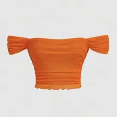 オフショルダー シャーリング メッシュ クロップトップ