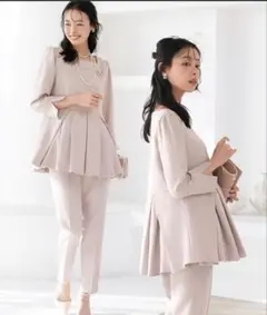 【2点set】レイヤード ペプラム トップス ＆ スリム テーパードパンツ