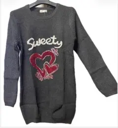 Sweetyスパンコールハート柄 ニットセーター ロング丈 グレー新品タグ付き