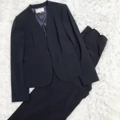 自由区 洗える ストレッチ セットアップ ワイドパンツ ノーカラー 黒 40