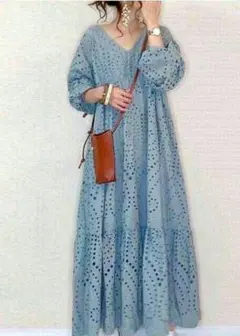 春 新作 ワンピース レディース 韓国 ロング 長袖 花柄 ブルー レース