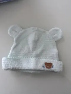ミキハウス　水色 クマ耳付きベビー帽子 新生児〜
