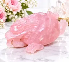 大型 ローズクォーツ 龍亀 ロングイ 天然石 彫刻置物 約1.5kg