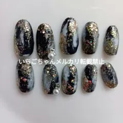 着物に☆黒と金のラメネイルチップ10個セット　　浴衣ネイル　振袖ネイル結婚式和装