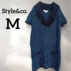 Style&co. 【M】千鳥柄 ワンピース ニット 半袖 ブルー ブラック
