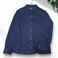 ヴィンテージ風 ブラウス ネイビー ドット柄 金ボタン　透け感　長袖 M相当