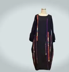 着物リメイク　黒留袖×アンティーク生地コラージュ　コクーンワンピースチュニック