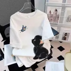 猫と蝶のプリントTシャツ ホワイト 半袖 サイズ：3XL 綿；100%