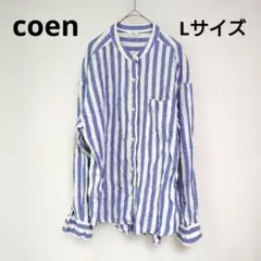 coen 麻混 ストライプ バンドカラーシャツ ブルー Lサイズのサムネイル