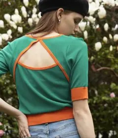サマーニット　緑×オレンジ　バイカラー
