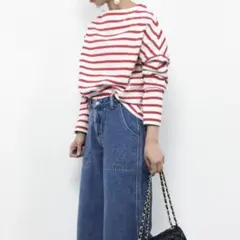 nano UNIVERSE レッド ストライプワイドボックスドロップカットソー