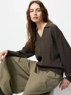 ユニクロ / ウォッシャブルニットリブポロセーター（BROWN・Lサイズ）