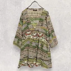 総柄 チュニック ワンピース M相当 グリーン 七分袖 ペイズリー