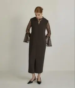 ANDRESD ベルスリーブスリットドレス ブラウン