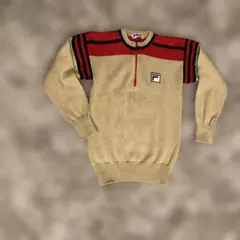 FILA ジップアップニットセーター ベージュ/赤　昭和レトロ　レディースでも