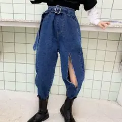 【新品未使用】ベルト付クラッシュデニムパンツ 110サイズ