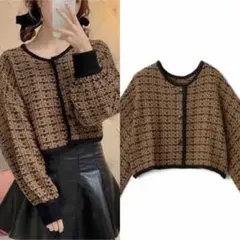 【新品未使用】GRL 前後2Wayツイード編みクロップド丈ニットカーディガン