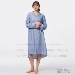 ストライプパジャマワンピース(長袖)+E　BLUE　L　GU