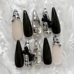 ネイルチップ　ワンホン　スナ系　フレンチガーリー　ギャル　ロング　ツイード